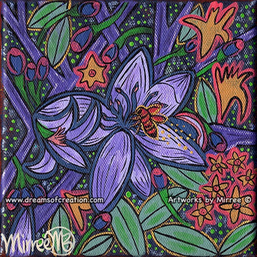 'Blossoming Flower with Australian Teddy Bear Bee' Original Painting by Mirree Contemporary Dreamtime Animal Dreaming